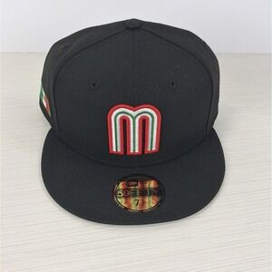 Mexican Nationals Baseball Mexico New Era 59Fifty fitted Cap Hat Black 7 3/8 NEW
